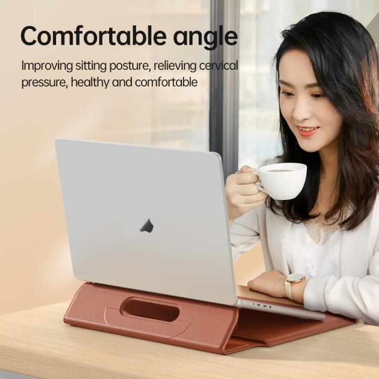 For 13 / 14 inch Handle Portable Laptop Briefcase PU Leather Laptop Sleeve with Foldable Stand(Brown) - Other by buy2fix | Online Shopping UK | buy2fix