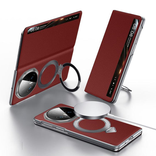 For Honor Magic V5 SULADA Smart View Window MagSafe Magnetic Holder Leather Phone Case(Red)
