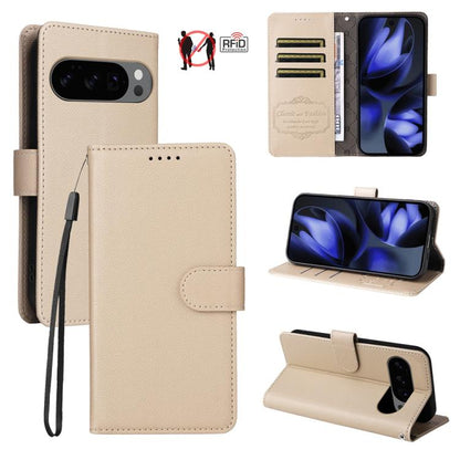 For Google Pixel 9 / 9 Pro / 10 / 10 Pro Litchi Texture RFID Blocking 3-Card Wallet Leather Phone Case(Beige) - Google Cases by buy2fix | Online Shopping UK | buy2fix