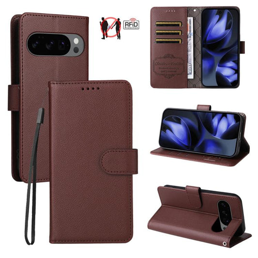 For Google Pixel 9 / 9 Pro / 10 / 10 Pro Litchi Texture RFID Blocking 3-Card Wallet Leather Phone Case(Brown) - Google Cases by buy2fix | Online Shopping UK | buy2fix