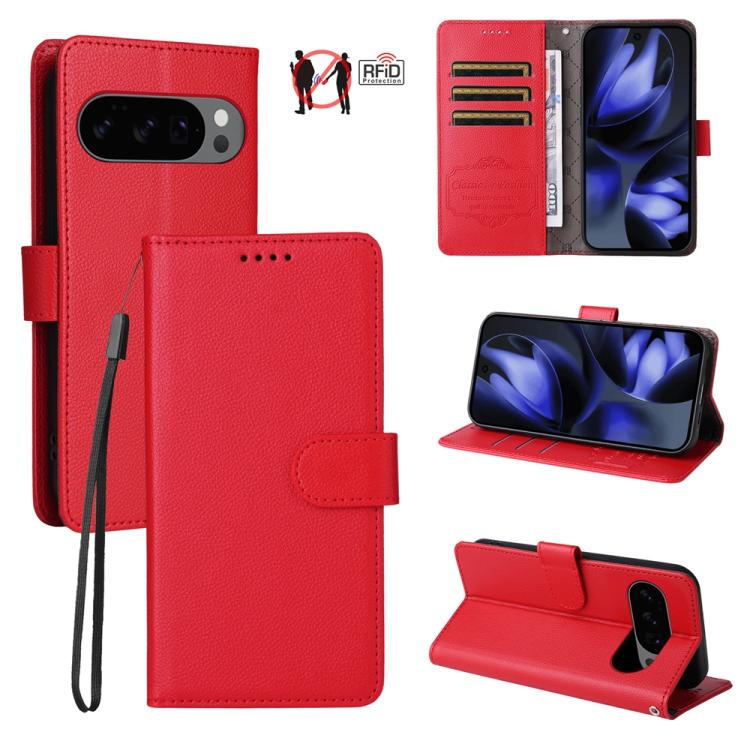 For Google Pixel 9 / 9 Pro / 10 / 10 Pro Litchi Texture RFID Blocking 3-Card Wallet Leather Phone Case(Red) - Google Cases by buy2fix | Online Shopping UK | buy2fix