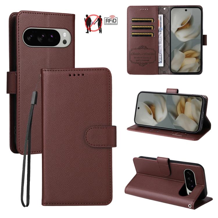 For Google Pixel 9 Pro XL / 10 Pro XL Litchi Texture RFID Blocking 3-Card Wallet Leather Phone Case(Brown) - Google Cases by buy2fix | Online Shopping UK | buy2fix