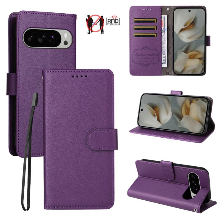 For Google Pixel 9 Pro XL / 10 Pro XL Litchi Texture RFID Blocking 3-Card Wallet Leather Phone Case(Purple) - Google Cases by buy2fix | Online Shopping UK | buy2fix
