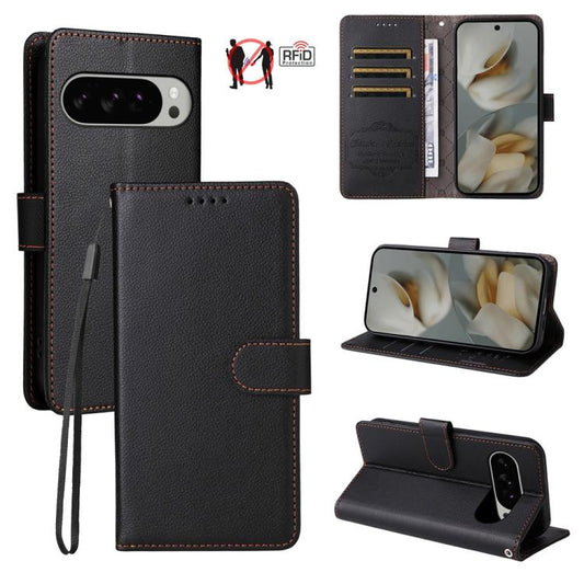 For Google Pixel 9 Pro XL / 10 Pro XL Litchi Texture RFID Blocking 3-Card Wallet Leather Phone Case(Black) - Google Cases by buy2fix | Online Shopping UK | buy2fix