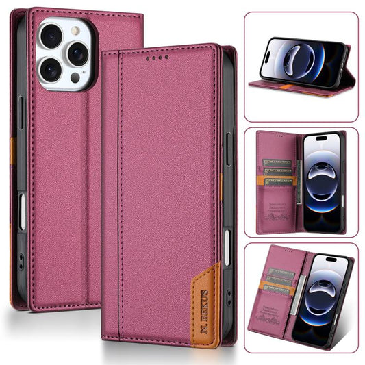 For iPhone 16 Pro Max N.BEKUS P3 RFID Stitching Magnetic Flip Leather Phone Case(Wine Red) - iPhone 16 Pro Max Cases by N.BEKUS | Online Shopping UK | buy2fix