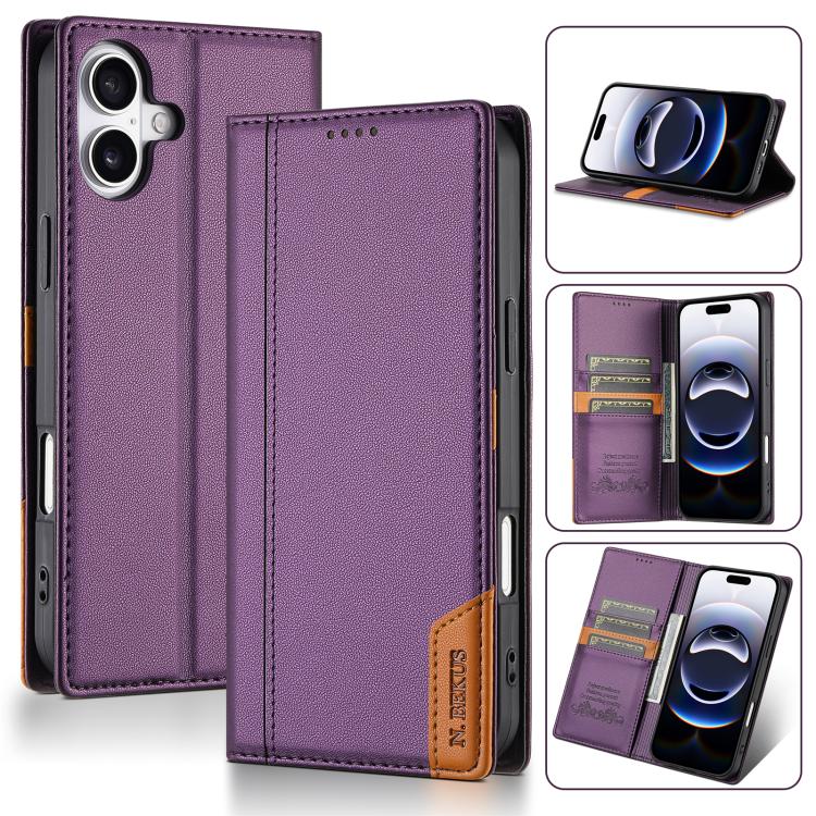 For iPhone 16 N.BEKUS P3 RFID Stitching Magnetic Flip Leather Phone Case(Purple) - iPhone 16 Cases by N.BEKUS | Online Shopping UK | buy2fix