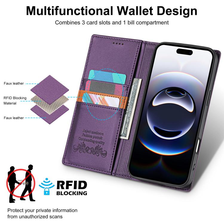 For iPhone 16 N.BEKUS P3 RFID Stitching Magnetic Flip Leather Phone Case(Purple) - iPhone 16 Cases by N.BEKUS | Online Shopping UK | buy2fix