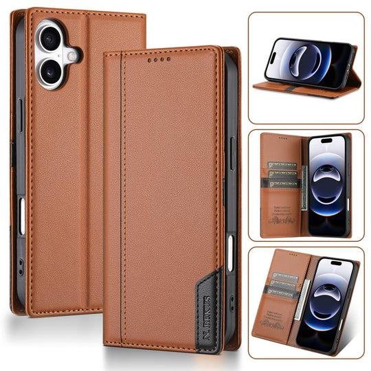 For iPhone 16 N.BEKUS P3 RFID Stitching Magnetic Flip Leather Phone Case(Brown)