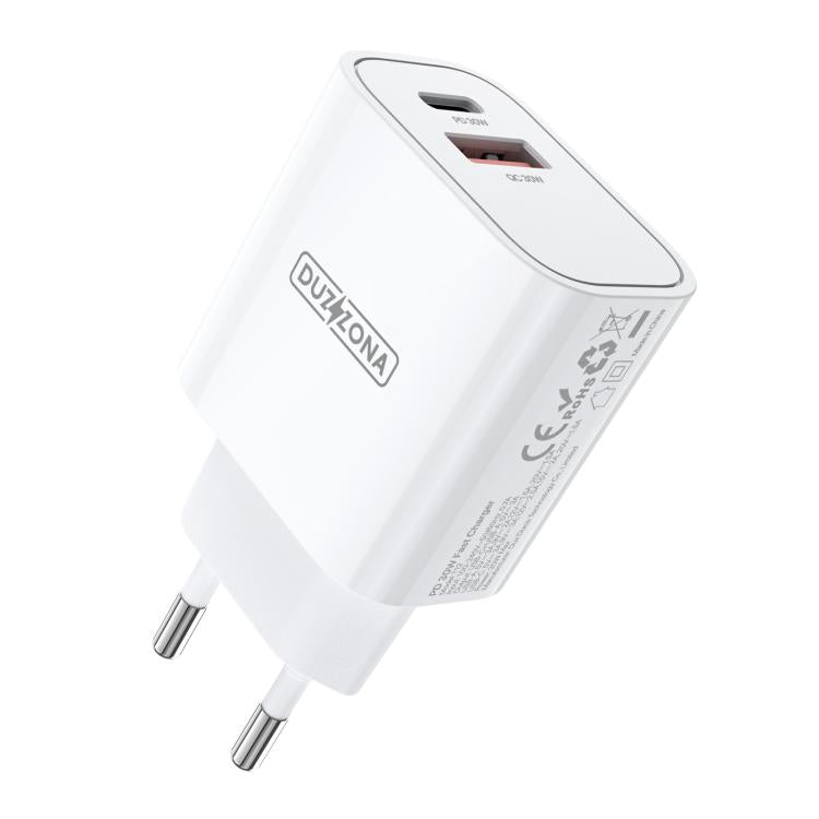 DUZZONA T12 PD30W Type-C / USB-C and USB Fast Charger, EU Plug(White) - USB Charger by DUZZONA | Online Shopping UK | buy2fix