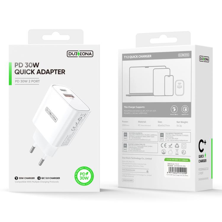 DUZZONA T12 PD30W Type-C / USB-C and USB Fast Charger, EU Plug(White) - USB Charger by DUZZONA | Online Shopping UK | buy2fix