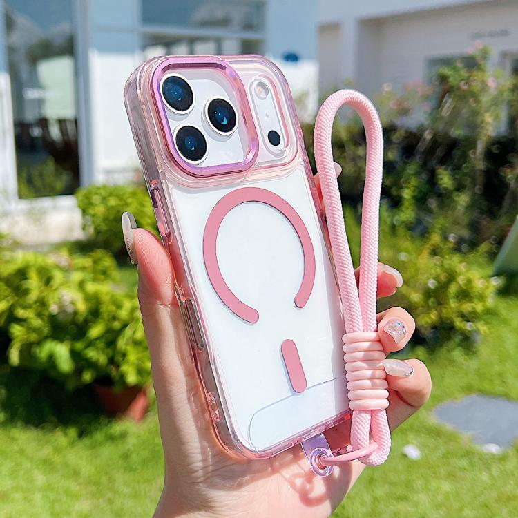 For iPhone 17 Pro MagSafe Magnetic Clear Phone Case with Wrist Strap(Pink) - iPhone 17 Pro Cases by buy2fix | Online Shopping UK | buy2fix