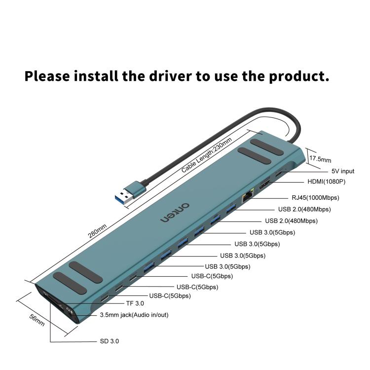Onten OTN-9299 16 in 1 USB Multi-function Docking Station(Pine Green) - USB 3.0 HUB by Onten | Online Shopping UK | buy2fix
