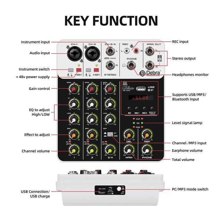 DEBRA V4 4-Channels Audio Mixer with Reverb Sound Card for Live Streaming(AU Plug) - Live Sound Effects Processors by DEBRA | Online Shopping UK | buy2fix