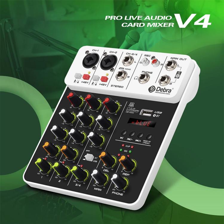 DEBRA V4 4-Channels Audio Mixer with Reverb Sound Card for Live Streaming(UK Plug) - Live Sound Effects Processors by DEBRA | Online Shopping UK | buy2fix