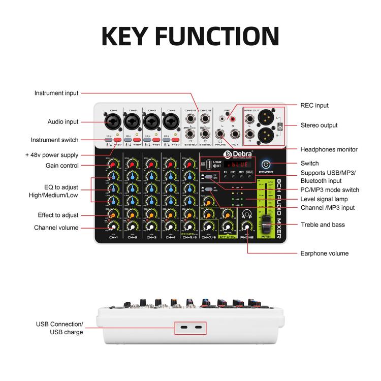 DEBRA V8 8-Channels Audio Mixer Live Recording Reverb(US Plug) - Live Sound Effects Processors by DEBRA | Online Shopping UK | buy2fix