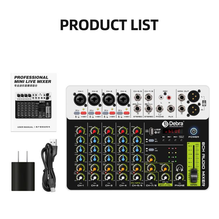 DEBRA V8 8-Channels Audio Mixer Live Recording Reverb(EU Plug) - Live Sound Effects Processors by DEBRA | Online Shopping UK | buy2fix