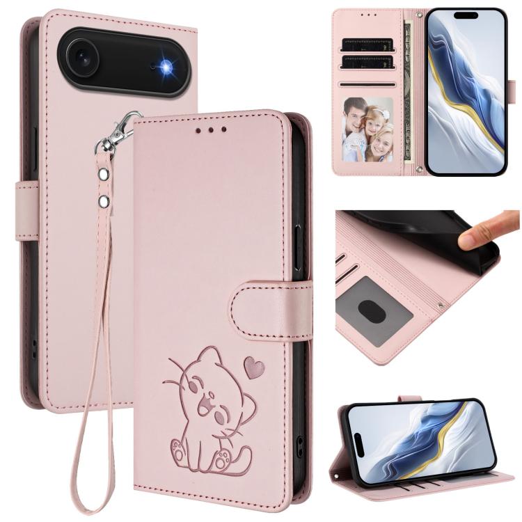 For iPhone Air Embossed Heart Cat Leather Phone Case with Hand Strap(Pink) - iPhone Air Cases by buy2fix | Online Shopping UK | buy2fix