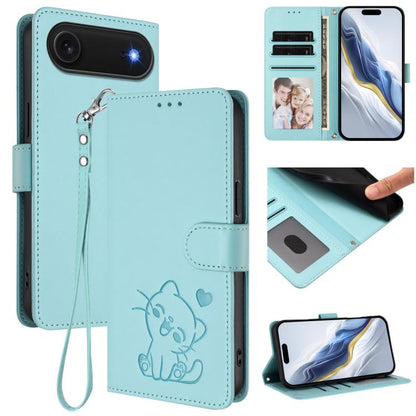 For iPhone Air Embossed Heart Cat Leather Phone Case with Hand Strap(Mint Green) - iPhone Air Cases by buy2fix | Online Shopping UK | buy2fix
