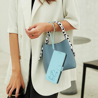 For iPhone Air Embossed Heart Cat Leather Phone Case with Hand Strap(Mint Green) - iPhone Air Cases by buy2fix | Online Shopping UK | buy2fix