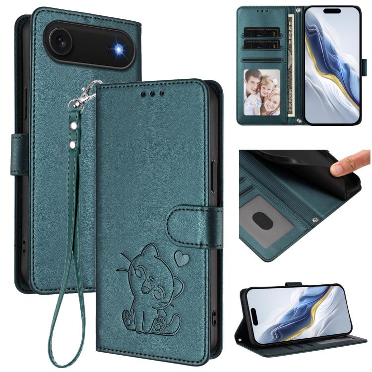 For iPhone Air Embossed Heart Cat Leather Phone Case with Hand Strap(Dark Green) - iPhone Air Cases by buy2fix | Online Shopping UK | buy2fix