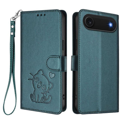 For iPhone Air Embossed Heart Cat Leather Phone Case with Hand Strap(Dark Green) - iPhone Air Cases by buy2fix | Online Shopping UK | buy2fix