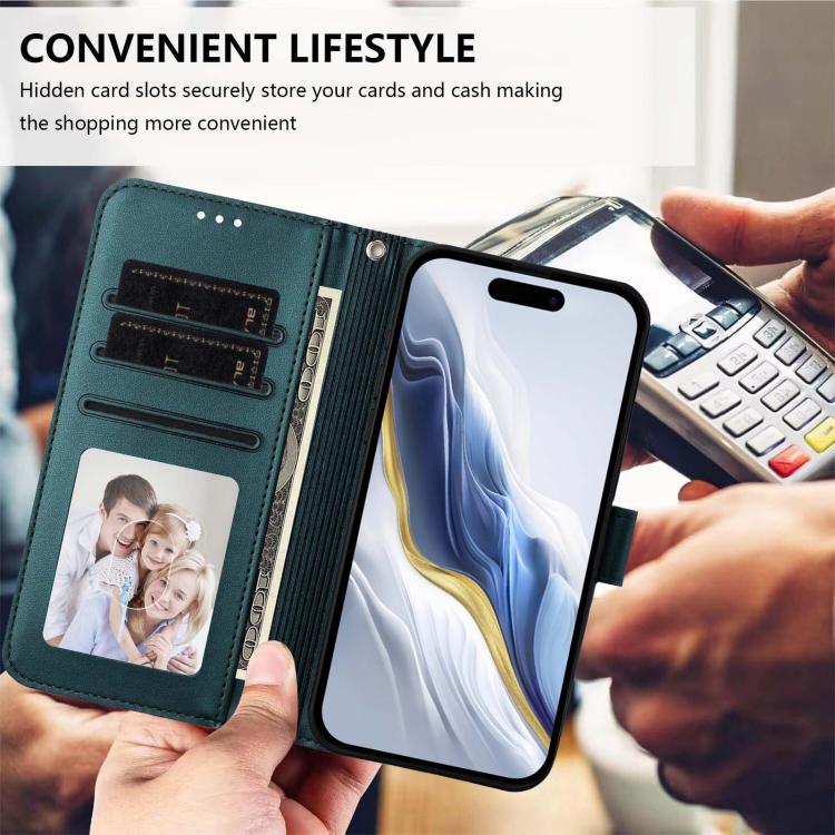 For iPhone Air Embossed Heart Cat Leather Phone Case with Hand Strap(Dark Green) - iPhone Air Cases by buy2fix | Online Shopping UK | buy2fix