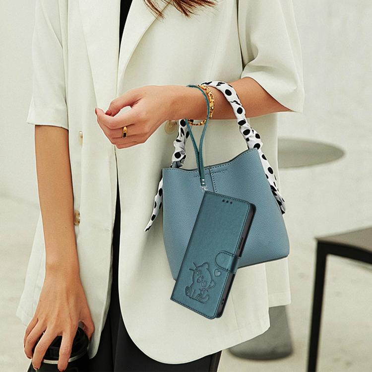 For iPhone Air Embossed Heart Cat Leather Phone Case with Hand Strap(Dark Green) - iPhone Air Cases by buy2fix | Online Shopping UK | buy2fix