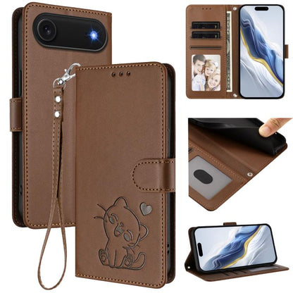 For iPhone Air Embossed Heart Cat Leather Phone Case with Hand Strap(Brown) - iPhone Air Cases by buy2fix | Online Shopping UK | buy2fix