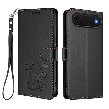 For iPhone Air Embossed Heart Cat Leather Phone Case with Hand Strap(Black) - iPhone Air Cases by buy2fix | Online Shopping UK | buy2fix