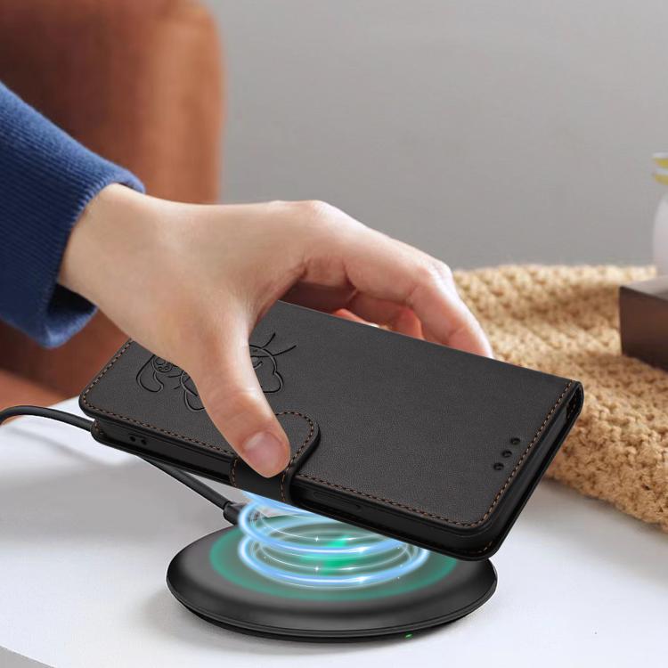 For iPhone Air Embossed Heart Cat Leather Phone Case with Hand Strap(Black) - iPhone Air Cases by buy2fix | Online Shopping UK | buy2fix