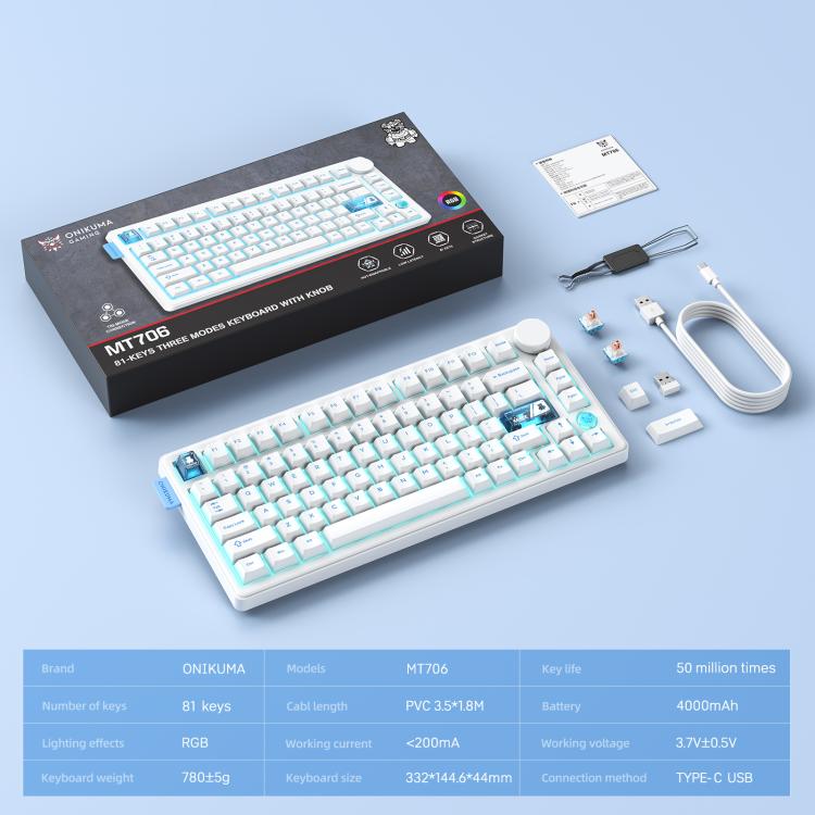 ONIKUMA MT706 81-Keys Hot Swappable Triple Mode Mechanical Keyboard(White) - Wired Keyboard by ONIKUMA | Online Shopping UK | buy2fix
