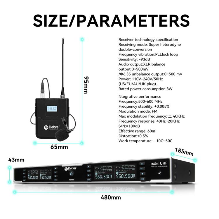 DEBRA R404 UHF Wireless Microphone 4-in-1 Professional Stage Performance Conference Handheld Mic(US Plug) - Microphone by DEBRA | Online Shopping UK | buy2fix
