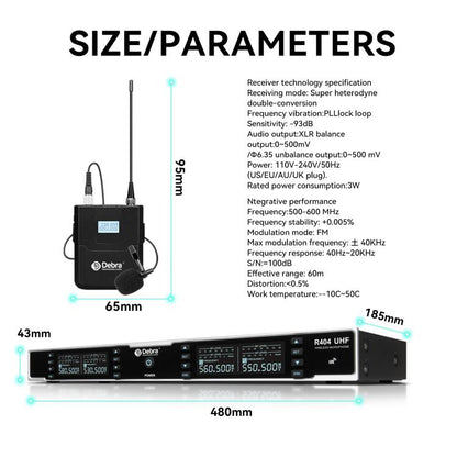DEBRA R404 UHF Wireless Microphone 4-in-1 Professional Stage Performance Conference Handheld Mic(EU Plug) - Microphone by DEBRA | Online Shopping UK | buy2fix