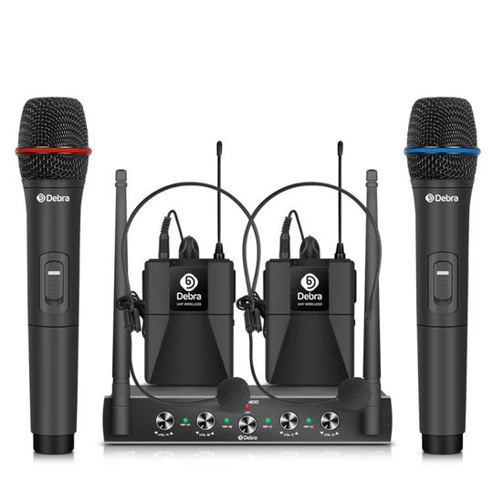DEBRA AU-400 UHF Wireless Microphone System 4-in-1 for Performance Conference KTV, Model:2 Handheld +2 Bodypack(AU Plug)