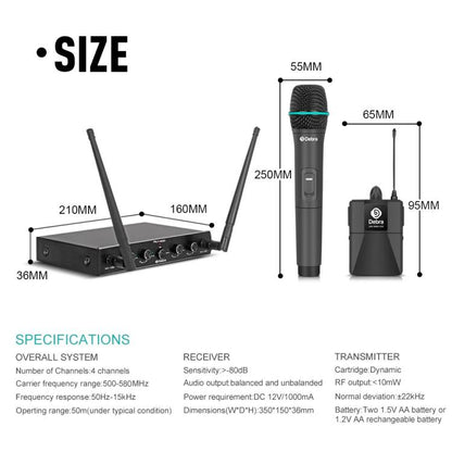 DEBRA AU-400 UHF Wireless Microphone System 4-in-1 for Performance Conference KTV, Model:4 Bodypack Mic(UK Plug) - Microphone by DEBRA | Online Shopping UK | buy2fix