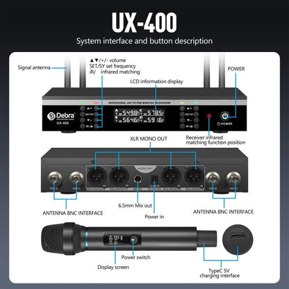 DEBRA UX-400 UHF Wireless Rechargeable Microphone System 4-in-1(AU Plug) - Microphone by DEBRA | Online Shopping UK | buy2fix