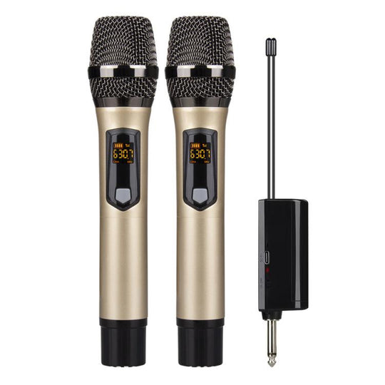 DEBRA A-25 UHF Wireless Rechargeable Microphone System for Stage KTV, Model:Two Mic(Gold)