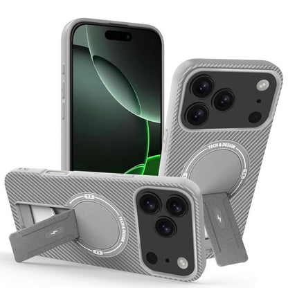 For iPhone 17 Pro Carbon Fiber Texture MagSafe Phone Case with Holder(Grey) - iPhone 17 Pro Cases by buy2fix | Online Shopping UK | buy2fix