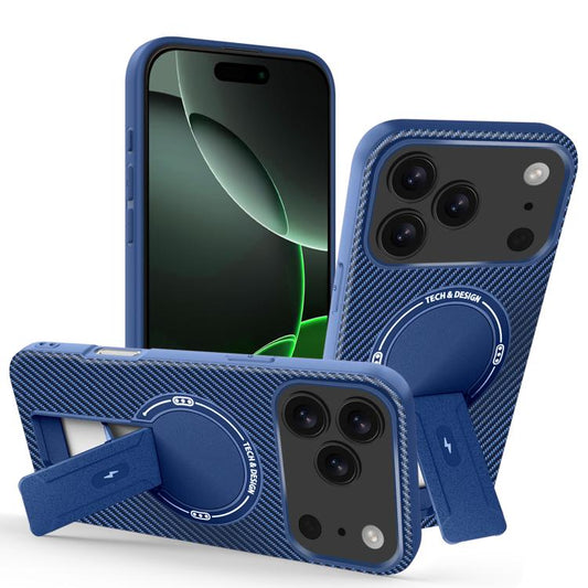 For iPhone 17 Pro Carbon Fiber Texture MagSafe Phone Case with Holder(Blue) - iPhone 17 Pro Cases by buy2fix | Online Shopping UK | buy2fix