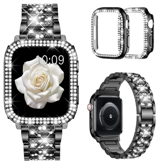 For Apple Watch Series 10 46mm xDfind Diamond Jewelry Metal Watch Band with Case(Black)