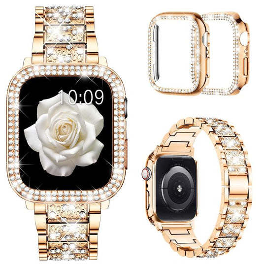 For Apple Watch Series 10 42mm xDfind Diamond Jewelry Metal Watch Band with Case(Rose Gold)