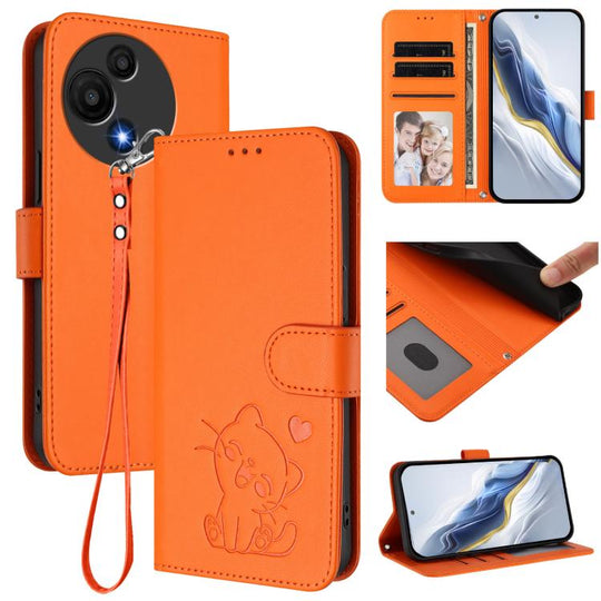 For TCL 605 / 60 SE Embossed Heart Cat Leather Phone Case with Hand Strap(Orange)