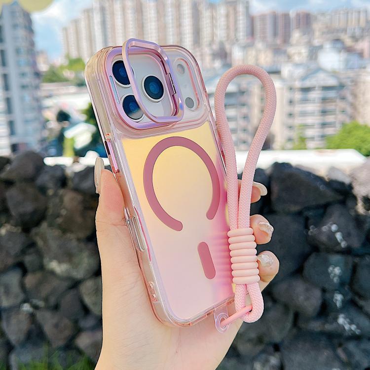 For iPhone 17 Pro Gradient Discolor MagSafe Phone Case with Holder / Wrist Strap(Pink) - iPhone 17 Pro Cases by buy2fix | Online Shopping UK | buy2fix