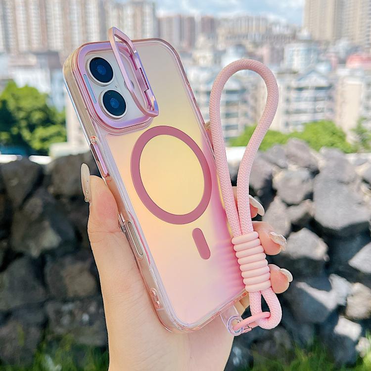 For iPhone 17 Gradient Discolor MagSafe Phone Case with Holder / Wrist Strap(Pink) - iPhone 17 Cases by buy2fix | Online Shopping UK | buy2fix