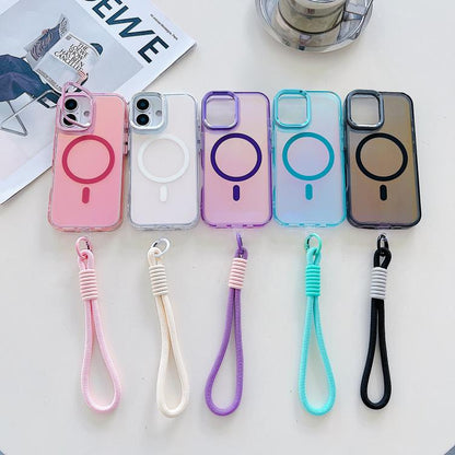 For iPhone 17 Gradient Discolor MagSafe Phone Case with Holder / Wrist Strap(Pink) - iPhone 17 Cases by buy2fix | Online Shopping UK | buy2fix