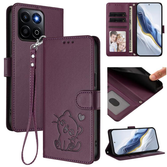 For Honor 400 Smart 5G Embossed Heart Cat Leather Phone Case with Hand Strap(Dark Purple)