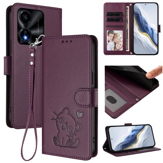 For Honor X5c Plus Embossed Heart Cat Leather Phone Case with Hand Strap(Dark Purple)