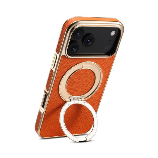 For iPhone 18 Pro Max / 17 Pro Max Denior A23 Magnetic Holder Electroplating Genuine Leather Phone Case(Orange)
