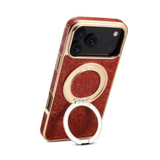 For iPhone 18 Pro Max / 17 Pro Max Denior A23 Retro Flower Texture Magnetic Holder Electroplating Genuine Leather Phone Case(Red)