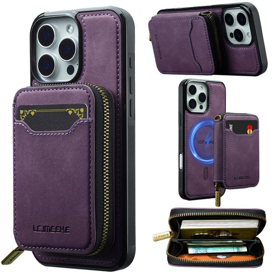 For iPhone 16 Pro Max LC.IMEEKE L6 Series Zipper Card Bag MagSafe Magnetic Phone Case(Purple)